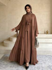 2pcs Set: Solid Color Lantern Sleeve Ruffle Long Abaya & Dress, Abaya Style, Modest Robe - Coffee Brown - View 1