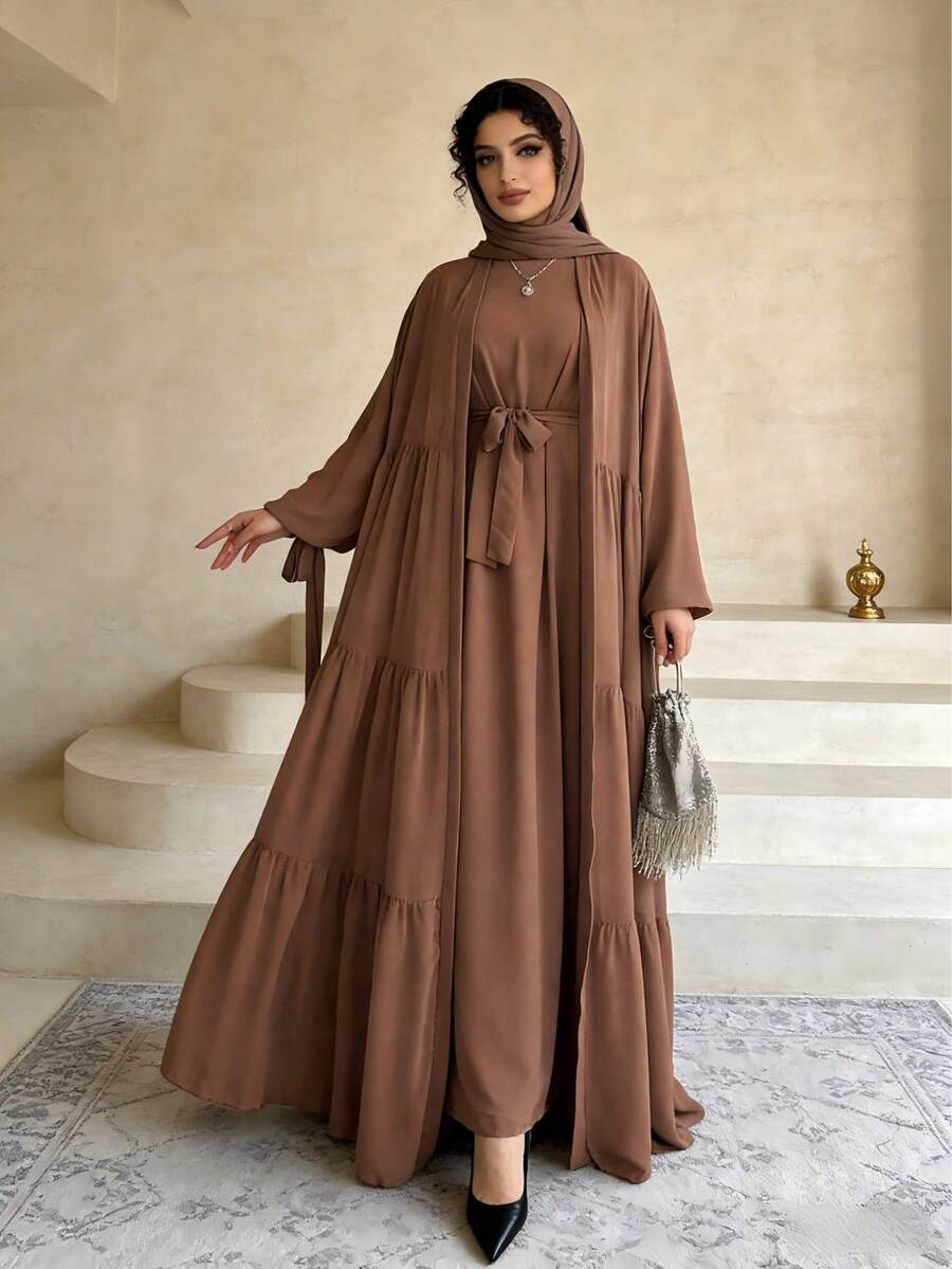 2pcs Set: Solid Color Lantern Sleeve Ruffle Long Abaya & Dress, Abaya Style, Modest Robe - Coffee Brown - View 1