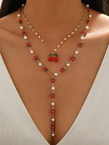 2 pièces/set Pendentif décoratif en forme de cerise glacée fait main, collier ras-de-cou doré. Collier long en forme de Y avec fausses perles de fraise, élégant et polyvalent. Convient pour le port quotidien, les sorties, les fêtes et les vacances. - Multicolore - Voir 1