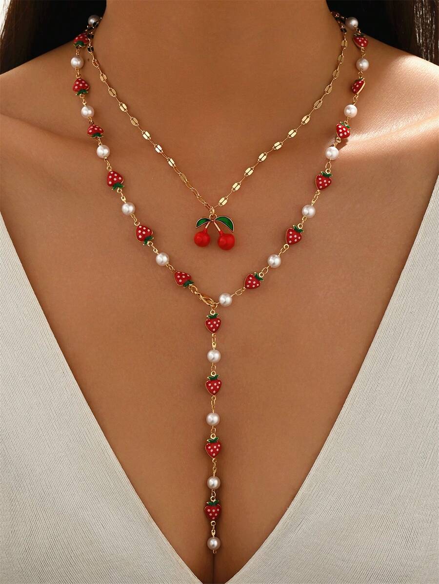 2 pièces/set Pendentif décoratif en forme de cerise glacée fait main, collier ras-de-cou doré. Collier long en forme de Y avec fausses perles de fraise, élégant et polyvalent. Convient pour le port quotidien, les sorties, les fêtes et les vacances. - Multicolore - Voir 1