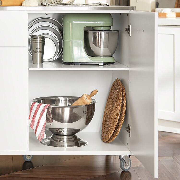 SoBuy FKW117-W, Kitchen Island Kitchen Cabinet Cupboard Sideboard On Wheels Kitchen Storage Trolley With Stainless Steel Worktop - White - View 8