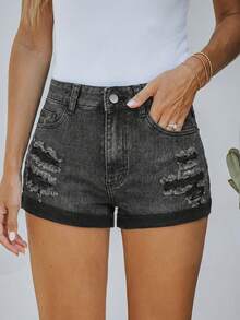 女士休闲黑色破洞牛仔迷你短裤，高弹直筒裤型，带纽扣和拉链细节 - 深灰色 - 查看 3