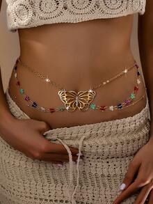 قطعة واحدة من سلسلة الخصر ذات الزهرة الذهبية المعدنية ثلاثية الأبعاد ذات الخمس أوراق، أنيقة وأنثوية وملائمة لإكسسوارات المناسبات الصيفية - بدون علبة هدية - ذهبي أصفر - مشاهدة 15