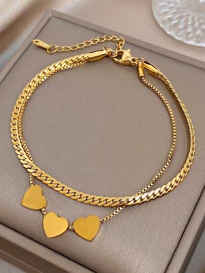 1Pc Sweet Edgy Layer & Heart Charms Cuban Chain Bracelet For Women, 18K Gold Plated Stainless Steel, Elegant Mom Gift, For Daily, Party, Formal Event, Valentines, Gala, Dating, New Years, Wedding, Beach, Christmas Anniversary, Elegant Mom Gift Boho Jewelry Birthday Bridesmaid Gift
