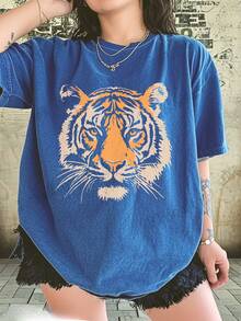High-Quality Women'S Washed T-Shirt Featuring A Vintage Tiger Print, Perfect For Casual Summer Outings And Beach Wear. This Stylish Graphic Tee Showcases An Animal Design, Making It A Comfortable And  Choice For Daily Wear In Ladies' Street Fa - 寶藍色 - 查看 10