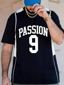 Camiseta de cuello redondo para hombre, estilo universitario de deportes y ropa urbana con estampado gráfico de manga corta - Negro - Ver 1
