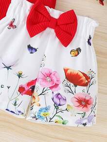 2pcs Young Girls Elegant Casual Red Cap Sleeve Top + Printed Shorts Set, Commuter Outfit - Red - View 3
