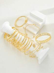 15pcs Fashionable, Minimalist, Elegant, Delicate, Retro Design Sense Geometric Strap, Asymmetrical Embossed Texture, Interlocking Chain, Twisted Braid, Round Bead, Multi-Layer Round Disc, Smooth, Minimalist, Exaggerated Wide Metal Bangle Bracelet Set, Suitable For Holiday, Party, Date, Gift, Daily Wear - Yellow Gold - View 4