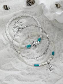 3件套海洋沙滩风弹力串珠多层海星海龟吊坠脚链，时尚女士夏季休闲度假日常佩戴 - 彩色 - 查看 2