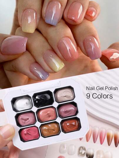 9色/1箱 パット ペイント ジェルネイルポリッシュ、グラデーション カラフル UVネイルジェルポリッシュ グラデーション オンブレ効果ネイルアートデザイン サロンネイルアート 指先アートデザイン ミニ9色ネイルポリッシュセット