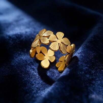 Anillo floral chapado en oro de 18K para mujer, estilo simple sin mosaico para uso diario - Anillo de declaración de flor de acero inoxidable 304