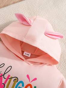 女婴浅粉色短袖连体衣，带可爱兔耳朵帽设计 - 淺粉色 - 查看 4
