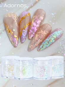 4瓶极光不对称亮片美甲饰品，炫彩闪粉，DIY美甲装饰，适用于女士美甲沙龙 - 彩色 - 查看 5