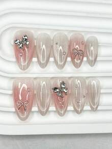 10pcs Cute Pink Almond Shaped Press-On Nail Stickers, 3D Bow Pearl Diamond Cat Eye Glitter False Nails, Gentle Sweet Girl Nail Art Supplies (1pc Jelly Sticker + 1pc Nail File) - Multicolor - View 1