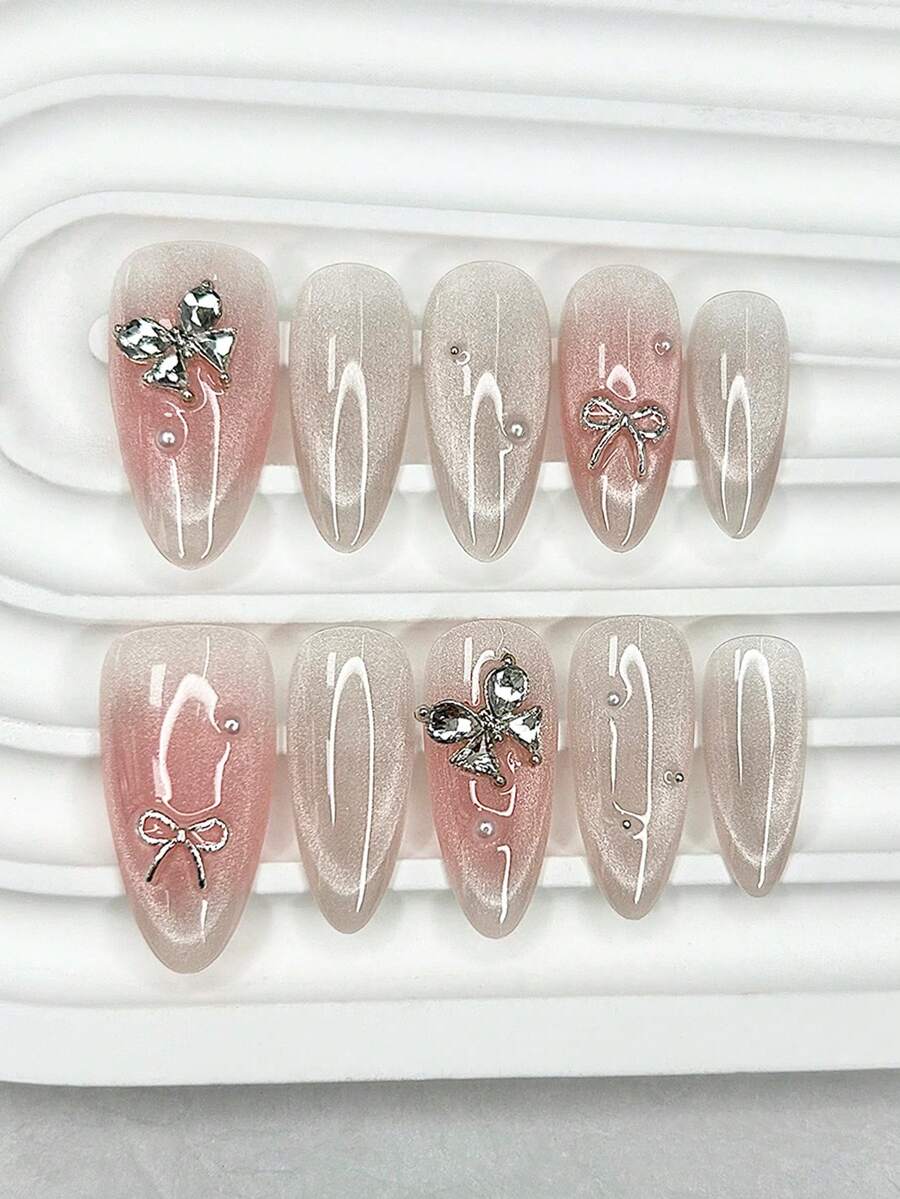 10pcs Cute Pink Almond Shaped Press-On Nail Stickers, 3D Bow Pearl Diamond Cat Eye Glitter False Nails, Gentle Sweet Girl Nail Art Supplies (1pc Jelly Sticker + 1pc Nail File) - Multicolor - View 1