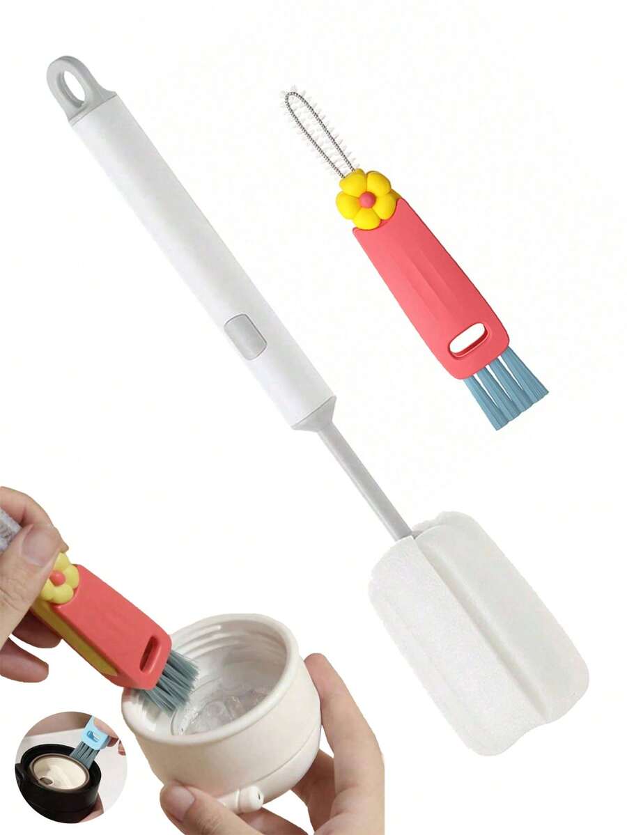 Cleaning Brush Set: Cup Brush, Bottle Brush, Glass Brush, Brush, Replaceable Brush Heads, Deep Cleaning Tool; 3-In-1 Flower & Crocodile Lid Brush, Multi-Functional Crevice Cleaning Brush, Stainless Steel Cup & Straw Cleaning Brush, Long Handle Brush, Small Brush - One Size - View 1