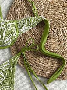 女士刺绣钩编比基尼套装，带钢圈文胸和侧系带泳裤，打造时尚海滩造型 - 綠色 - 查看 5