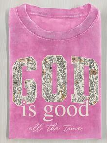 2026 Washed Cotton, GOD Floral Printed T-Shirt, High-Quality Batik Cotton Retro Fashion Brand T-Shirt, Women's T-Shirt, Women's Autumn T-Shirt, Halloween Christmas Gift, Holiday Gift, White Tops, Valentine's Day Outfit, Mardi Gras, Summer Tops,   For Women, Valentine's Day Outfits For Women, Women's Tops, Fairycore, , Elegant Women's Outfits - 寶藍色 - 查看 9