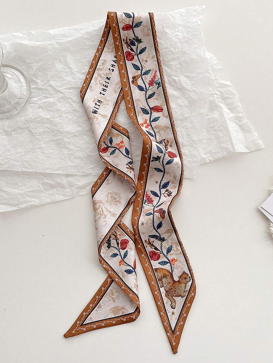 1条印花仿丝围巾，多功能装饰头带、领带、丝带，女士适用，春夏款 - 酒紅色 - 查看 1