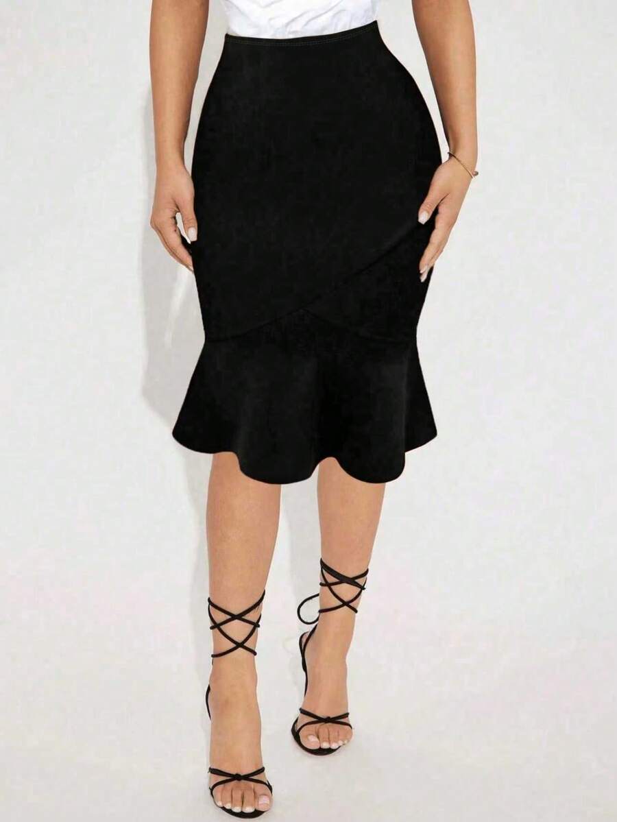 Plus Size Women's Casual Pleated Ruffle Hem Skirt - Black - View 1