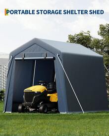 Cobertizo de almacenamiento para exteriores de 7 pies x 10 pies, refugio portátil resistente con puerta enrollable con cremallera, garaje impermeable para motocicleta, bicicleta, automóvil - Gris - Ver 8