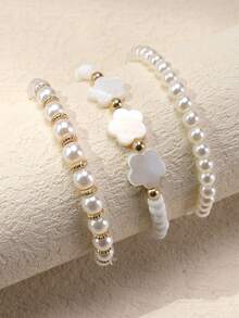3pcs Girls' White Flower, Heart, Star, Butterfly Beaded Elastic Stretch Bracelet - White - View 5