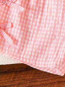 2pcs/Set Young Girl' Sweet Plaid Bow Ruffle Sleeveless Top And Shorts Set, Summer - Pink - View 10