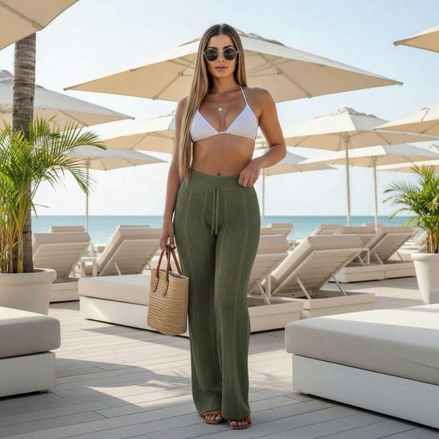Women's Beach Cover-Up Pants With Cutouts, Summer Fashion, Ideal For Layering Over A Bikini, Swimsuit, Beach, Pool, Risorte - 軍綠色 - 查看 1
