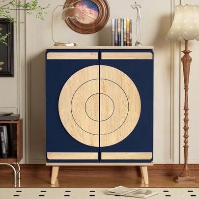 Modern Shoe Cabinet With Round And Geometric Doors, Multi-Level Storage Space And Sturdy Wooden Legs.