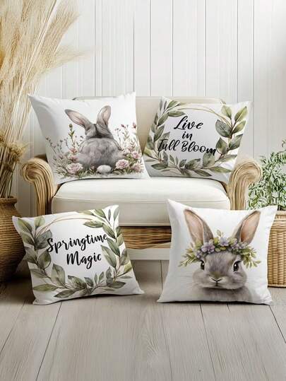 4pcs Spring-Themed Rabbit Illustration Pillow Covers, Single-Sided Printed, Stylish 17.7*17.7 Inch Cushion Covers, Suitable For Home Decor In Living Rooms And Bedrooms, Pillow Inserts Not Included.