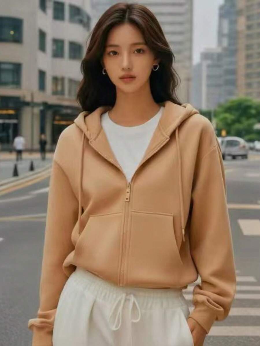 Women's Hoodie With Zipper Closure, Zipper Pocket, Women's Hoodie With Zipper Closure, Daily Wear - 駝色 - 查看 1