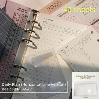 40 páginas de recambio para planificador diario, hojas sueltas para planificador diario A6/A7, páginas interiores de reemplazo para lista de tareas, papel premium de 120 g/m², recambios de planificador para carpetas, se incluye 1 lente de aumento transparente de regalo