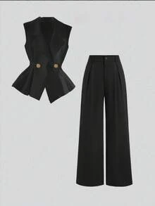 Elegaris Elegant Double-Breasted Front Button Zipper Waist Cinched/Pleated Belt Black Collar Ruffle Hem Contrast Gold Button Belt Back Tie Vest And Summer - Black - View 11