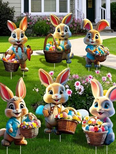6pcs Easter Bunny Outdoor Decorations With Stands, Cute Easter Bunny And Eggs Garden Decor, Suitable For Easter Party Supplies, Home Corridor Decor, Easter Lawn Decor, Outdoor Garden Decoration