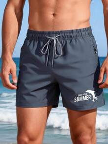 Men's Summer Quick-Dry Beach Shorts, Solid Color Drawstring Printed Bermuda Shorts, Suitable For Beach, Vacation, Outdoor, Running - Dark Grey - View 1