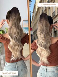 魔术贴卷发夹式马尾辫接发，黑色、棕色、橙色渐变棕色，24英寸长波浪卷，耐热硬质合成发片，适合女孩和女士在圣诞节和万圣节日常佩戴 - 拼色 - 查看 7