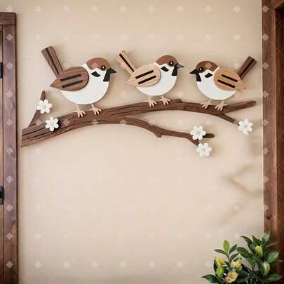 2D Flat 1pc Wooden Wall Decor With Sparrow And Peach Tree Branches - Reusable Wooden Bird Art For Home Decor - Suitable For Indoor - Office - Living Room Decoration. Also Applicable For Outdoor Corridor And Garden Wall Decor - As Well As Bar - Cafe - School - Various Occasions Wall Decoration, Also For Holiday Decor And Gifts. No Electricity Required