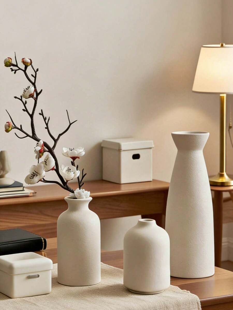 白色花瓶家居装饰,桌面香草花瓶,书架,门廊和餐桌摆饰,木质风格,波西米亚风花盆/种植盆,简约装饰配件,现代客厅卧室家居装饰 - 白色土胚花瓶 - 查看 1