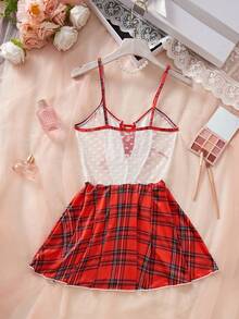 Women's Pajamas,White&Red,Tie Front,Sheer,Backless,Halter,Contrast Lace, Cut Out,Tight Fitting Camisole Skirt, Sexy Nightgown. - Red and White - View 7