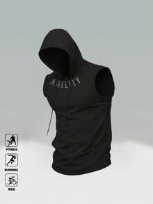 男士夏季户外运动连帽背心，休闲时尚街头简约背心 - 黑色 - 查看 2
