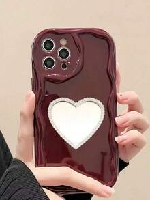 1个酒红色3D波浪奶油纹理可爱心形镜面手机壳，兼容 11/12/13/14/15/16/17/XS/XR/X - 酒紅色 - 查看 6