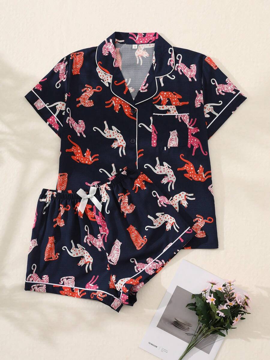 2 piezas Conjunto de pijama de mujer con top de manga corta con botones y cuello en V con estampado de gato y pantalones, conjunto de ropa de dormir de verano, cómodo para usar en casa. - Azul Marino - Ver 1