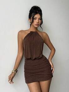 Brown Glitter Halter Neck Open Back Bodycon Mini Dress With Back Waist Tie Detail – Elegant Sexy Party Style Ideal For Party Nights, Carnival, Evening Going Out, Music Festival, Vacation, Plain Spring Summer Outfit - Coffee Brown - View 5