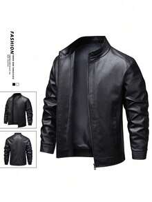 Men's Long Sleeve Windproof Casual Stand Collar PU Leather Jacket, Autumn/Winter, Grunge - Black - View 7