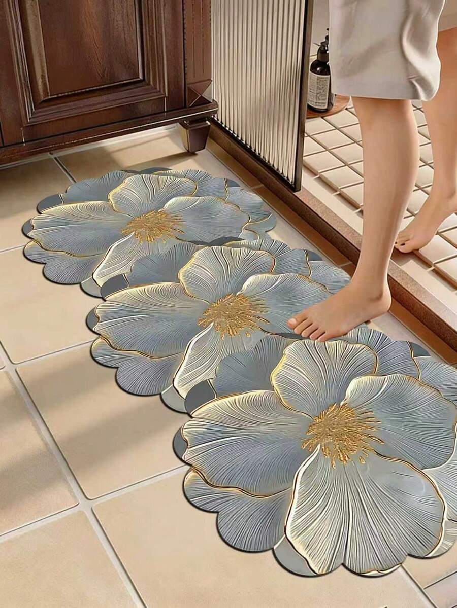 1 pieza Alfombra de baño con pétalos de flores azul neblinoso, alfombra de baño, felpudo, alfombra pequeña, alfombra, alfombra de piso, decoración del hogar, alfombra de área, alfombra de exterior, alfombra de dormitorio, alfombra lavable