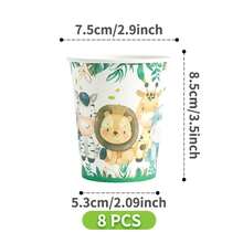 Conjunto de 1 unidade com pratos, guardanapos e copos descartáveis com tema de animais da selva. Ideal para festas de aniversário, casamentos, festas temáticas e piqueniques em família. Suprimentos descartáveis de papel para uma única utilização, adequados para até 8 convidados. - Multicolorido - Ver 8