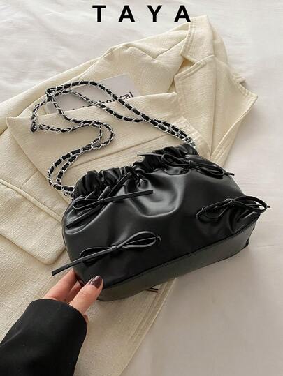 1件纯色蝴蝶结装饰PU皮革女士单肩包/斜挎包/手提包三合一水桶包，适合女性、女孩、学生、旅行、聚会、日常使用