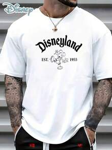 Disneyland Est. 1955 Vintage Mickey Short Sleeve T-Shirt: White Tee With Gothic "Disneyland" Lettering, Line Art Mickey Mouse And "EST. 1955" Text, Comfortable Cotton Fabric, Perfect For Disney Park Visits, Casual Wear And Retro Style Fans, Ideal Gift - trắng - Xem 1
