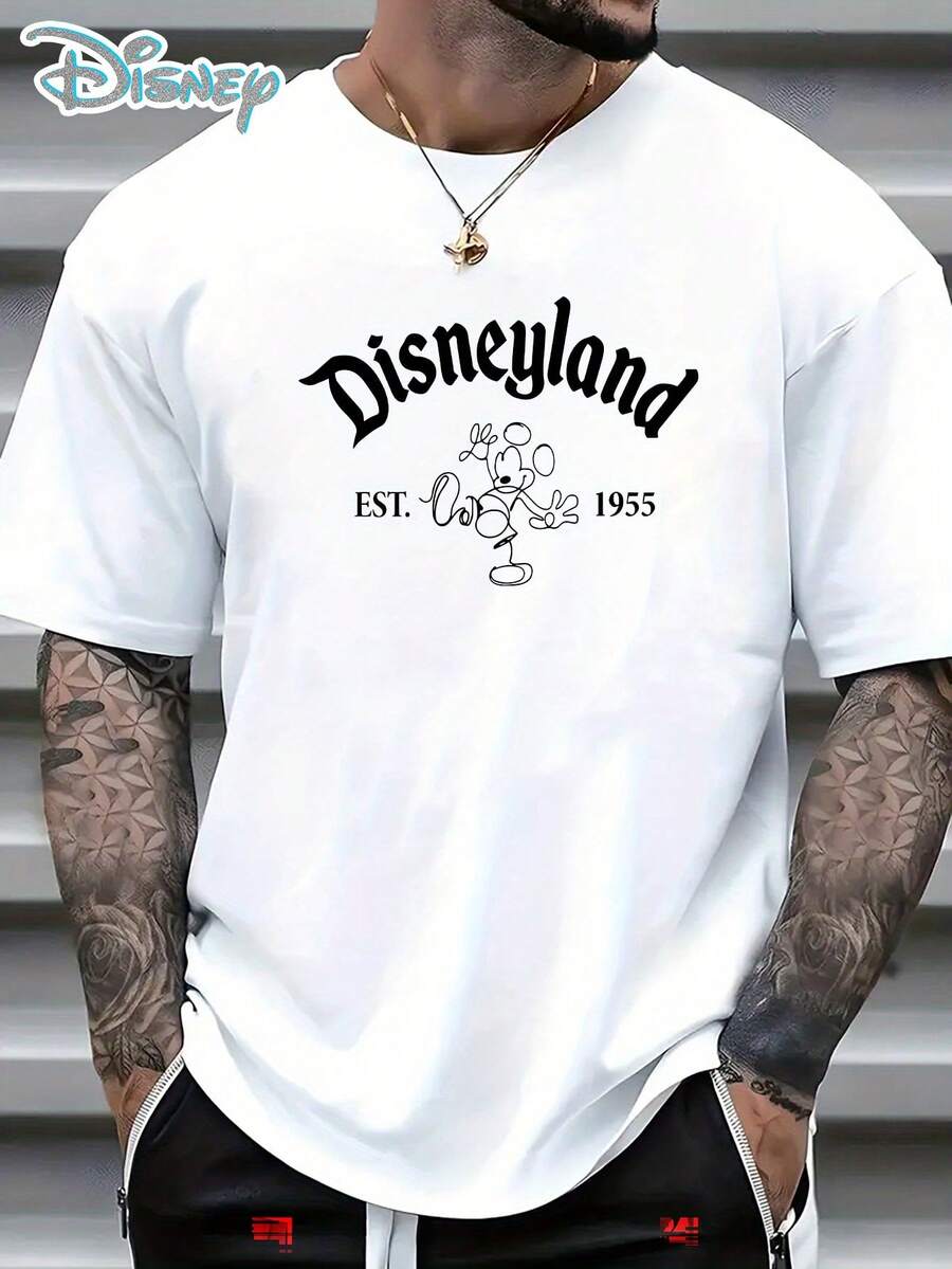Disneyland Est. 1955 Vintage Mickey Short Sleeve T-Shirt: White Tee With Gothic "Disneyland" Lettering, Line Art Mickey Mouse And "EST. 1955" Text, Comfortable Cotton Fabric, Perfect For Disney Park Visits, Casual Wear And Retro Style Fans, Ideal Gift - trắng - Xem 1