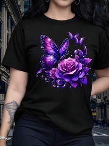 Women's Butterfly T-Shirt, Round Neck Blouse, 100% Cotton - 黑色 - 查看 1